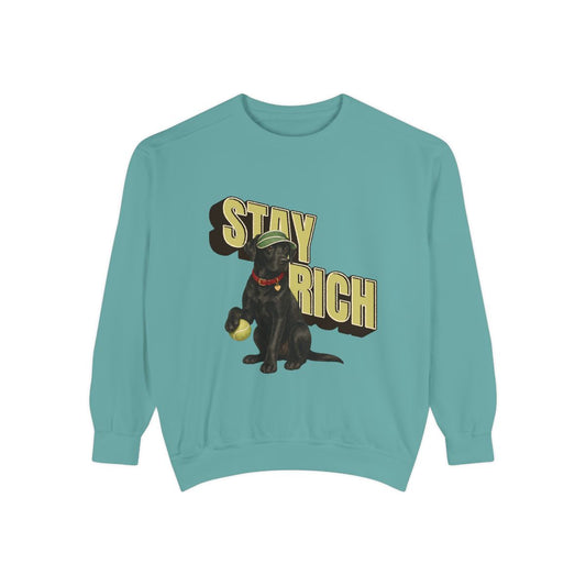 Stay Rich garment-dyed sweatshirt in Seafoam, front
