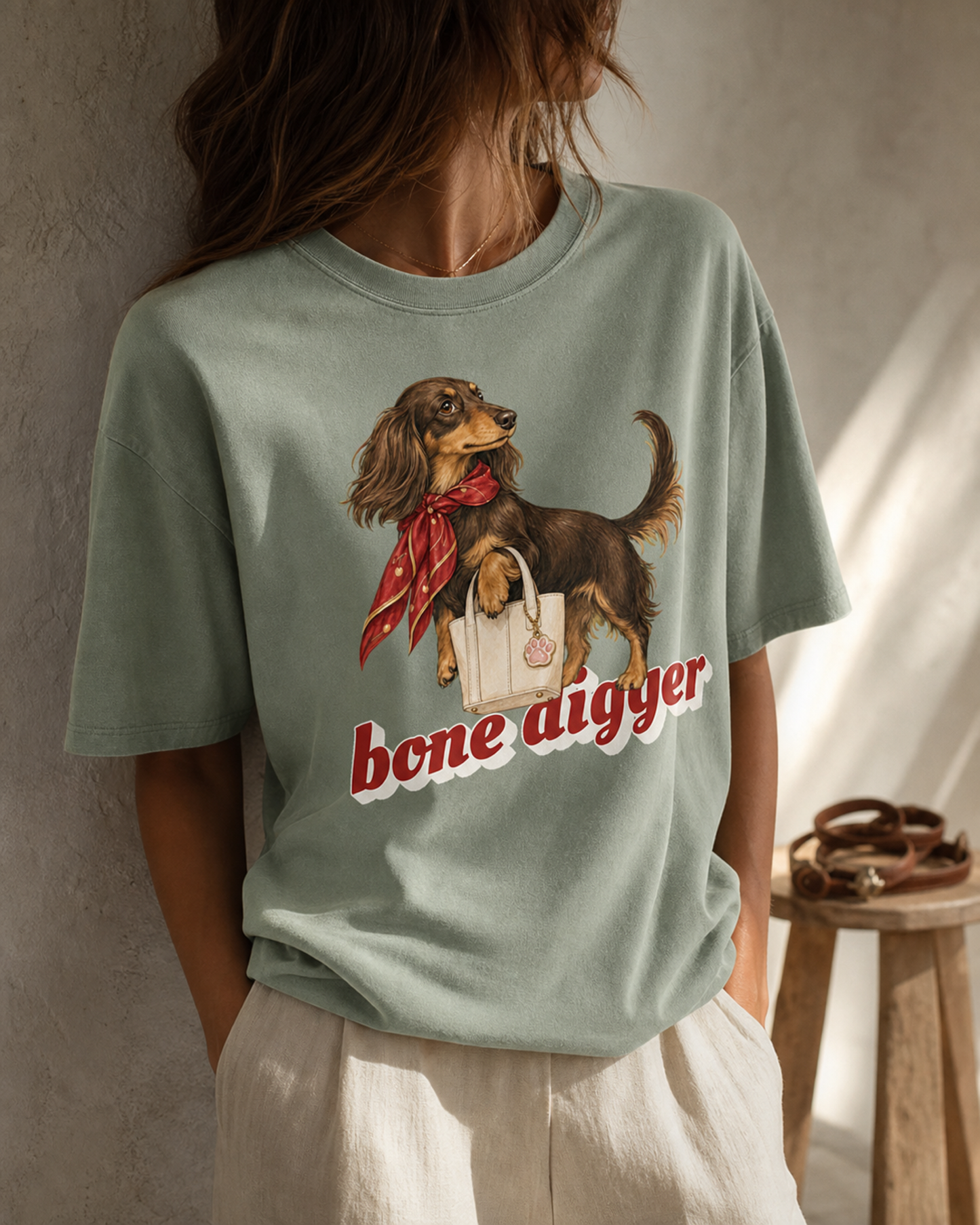 Bone Digger garment-dyed tee in ivory, worn