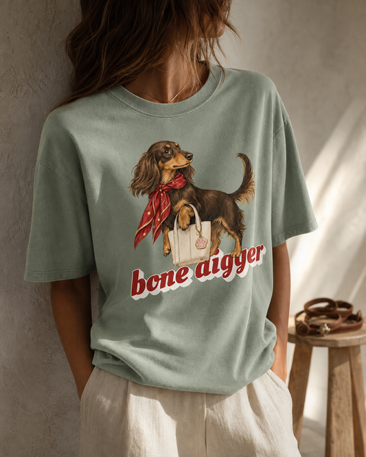 Bone Digger garment-dyed tee in ivory, worn