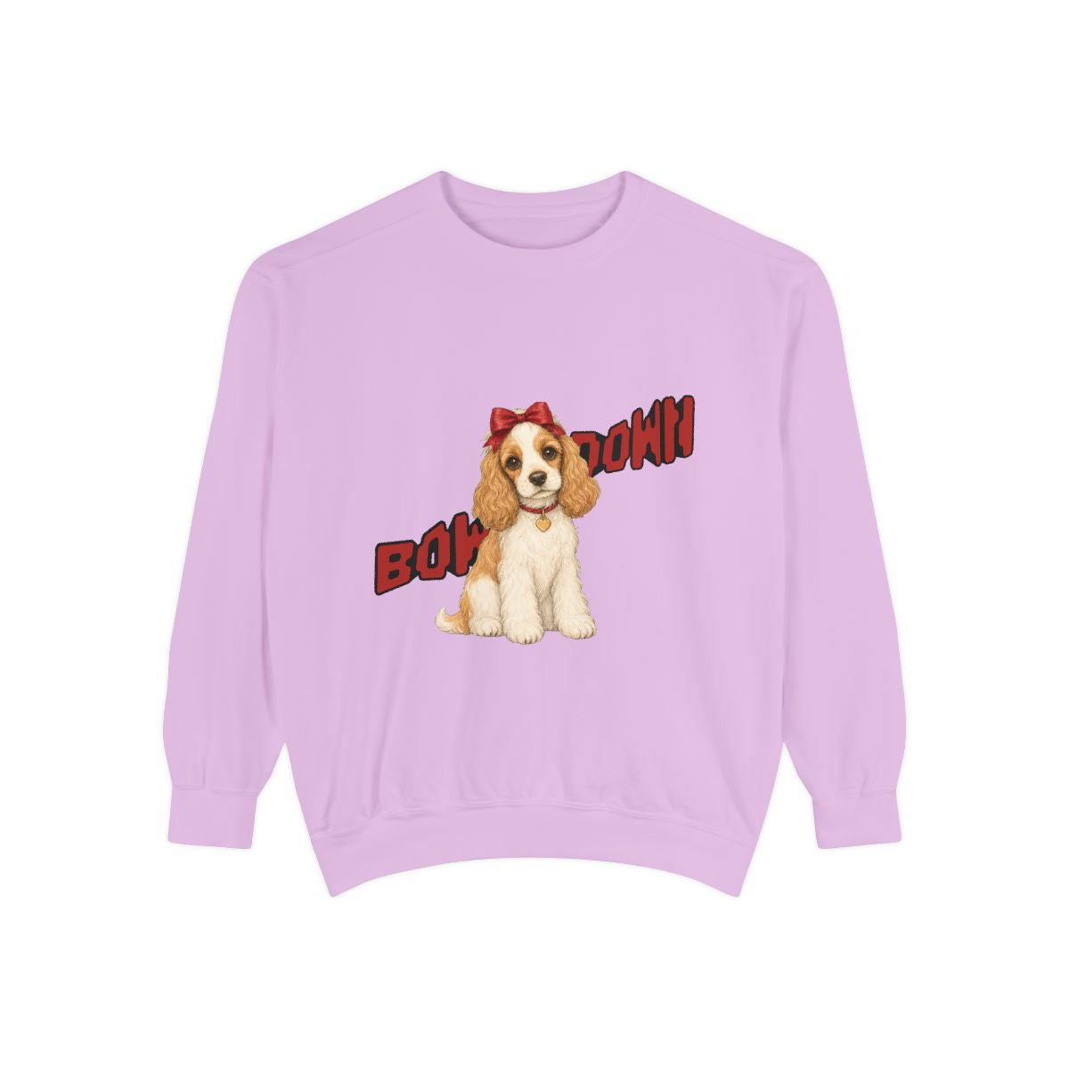 Bow Down garment-dyed sweatshirt in Orchid, front