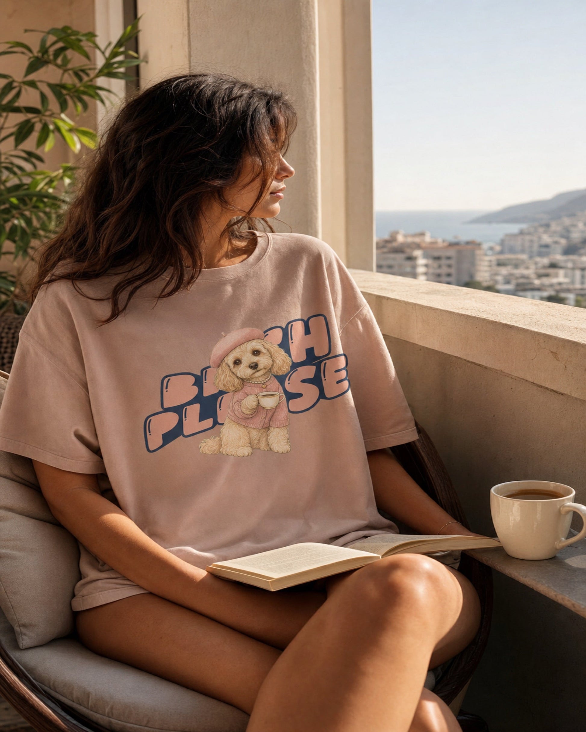 Bruh Please tee worn on a balcony with coffee