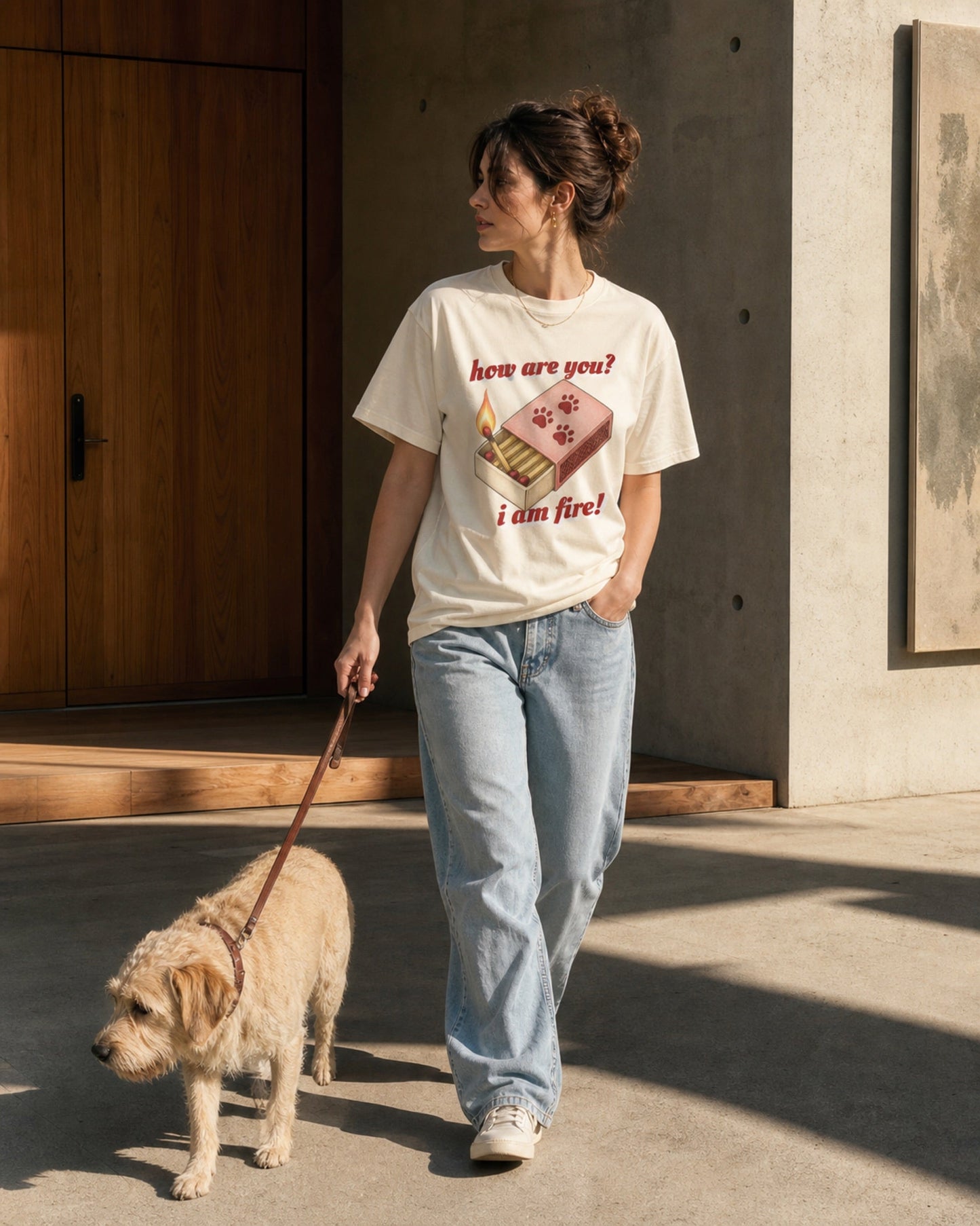 How Are You I Am Fire tee worn on a city walk