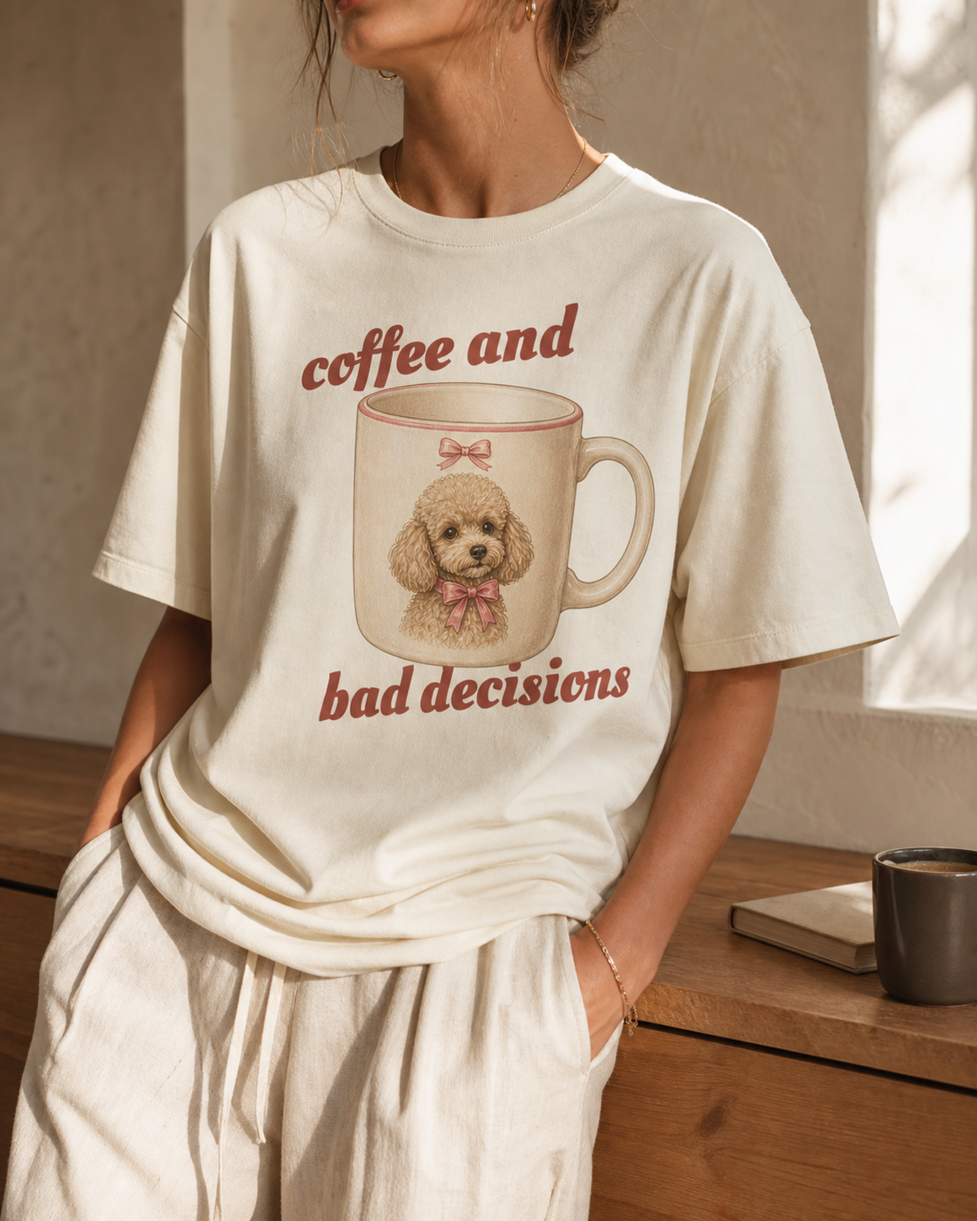 Coffee and Bad Decisions garment-dyed tee, worn