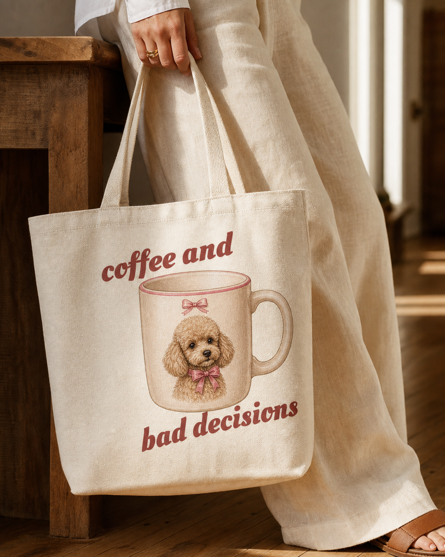 Coffee and Bad Decisions tote print detail