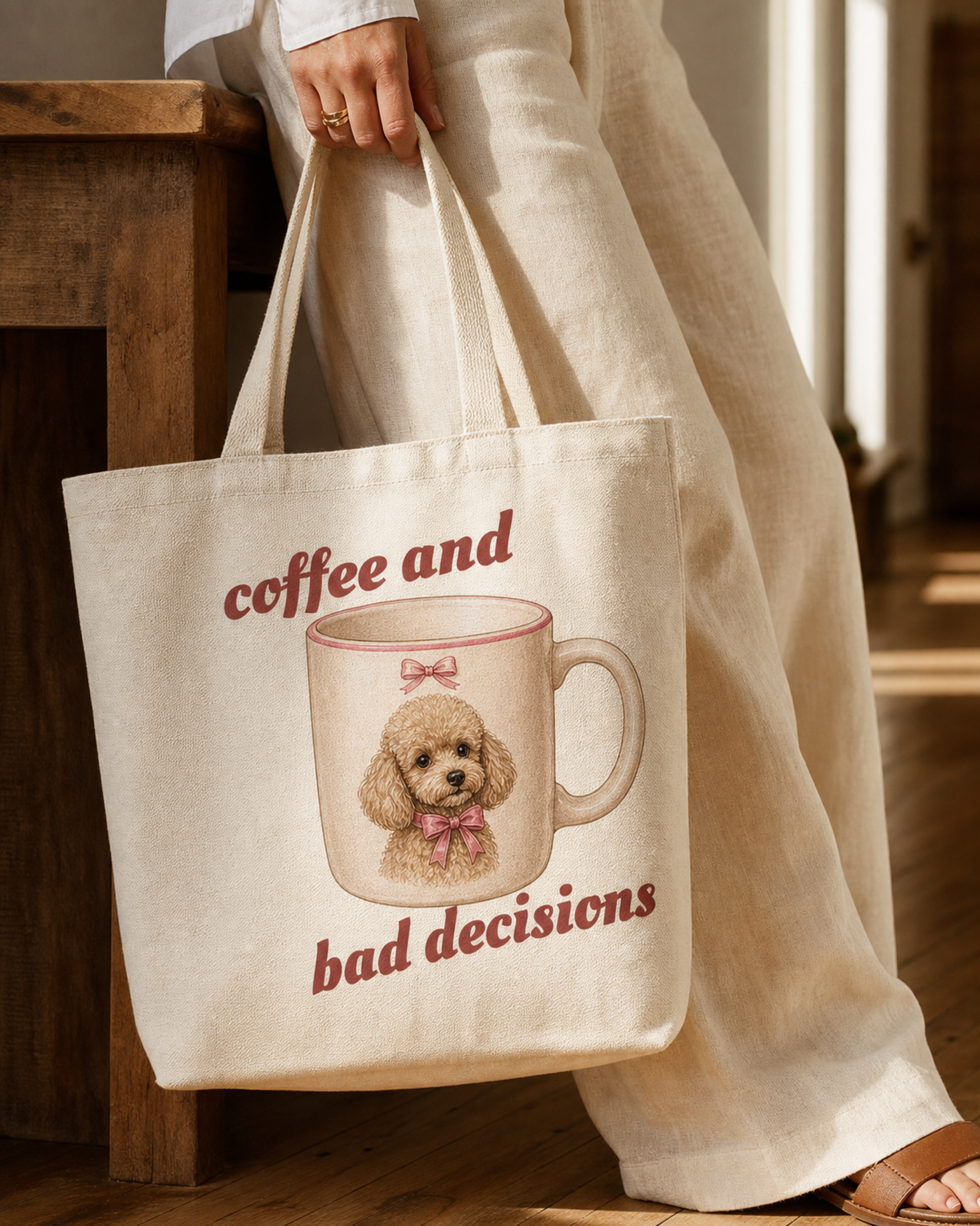 Coffee and Bad Decisions tote print detail