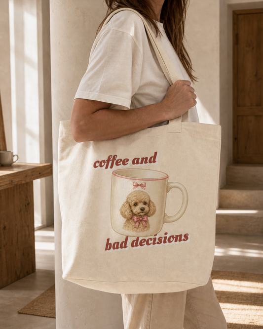 Coffee and Bad Decisions canvas tote in cream