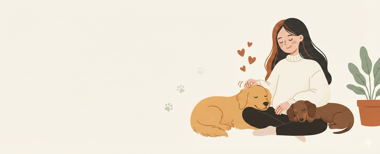 Illustration of a woman relaxing with her golden retriever and dachshund - The Dog Mom Society