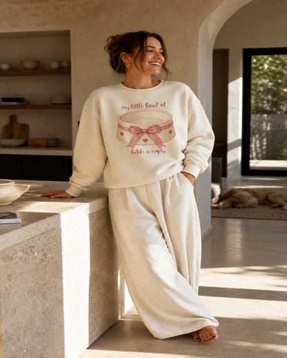 My Little Bowl Is Empty sweatshirt worn in a kitchen
