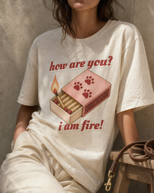 How Are You I Am Fire garment-dyed tee, worn