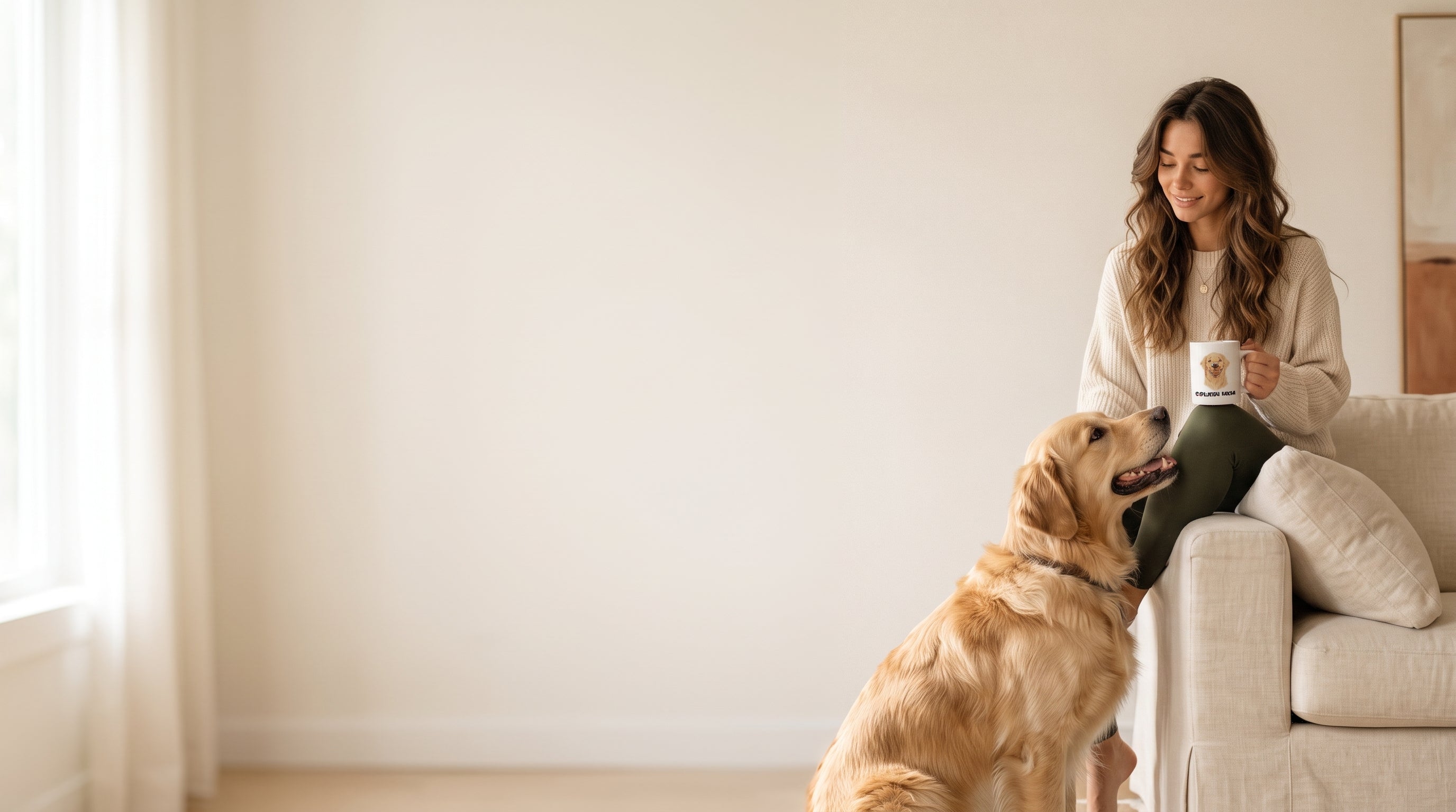 Woman with a coffee mug on a cream sofa beside her golden retriever
