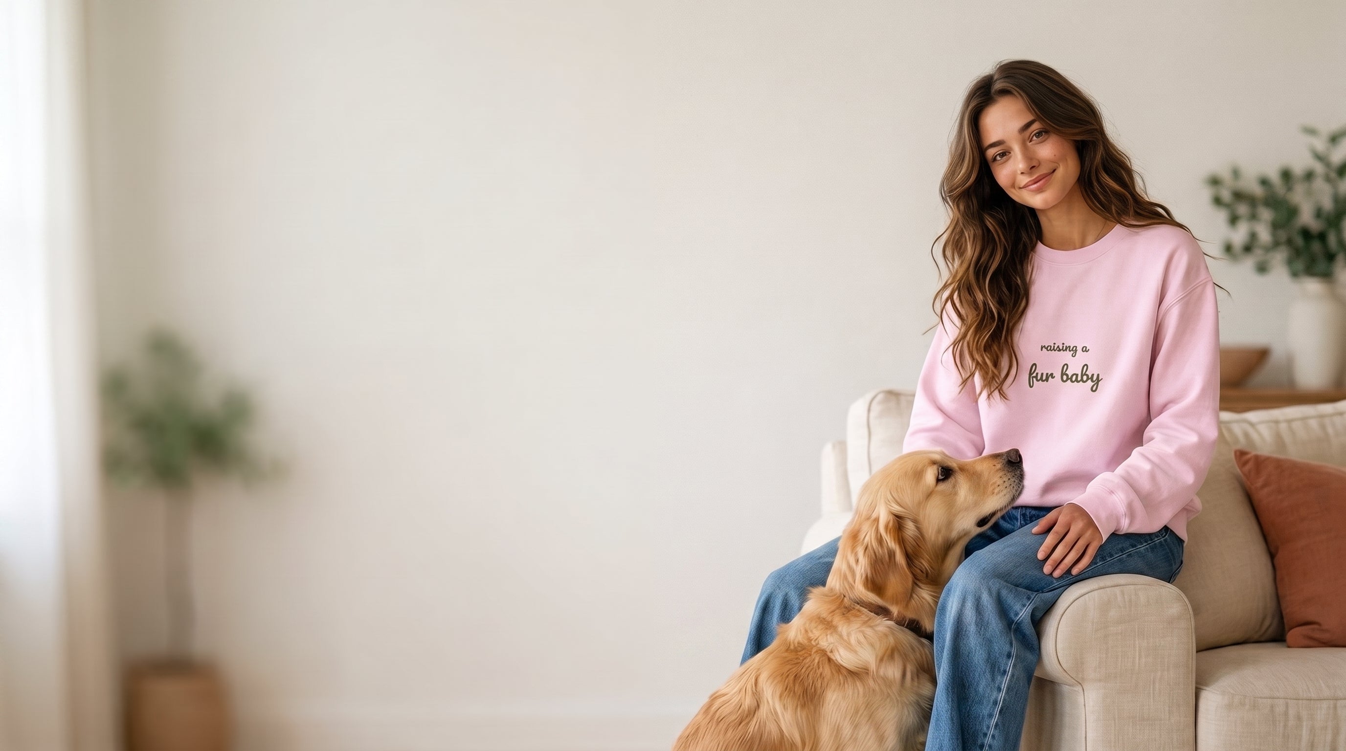 Woman in a pink Raising a Fur Baby crewneck with her golden retriever