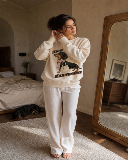 High Man-tenance sweatshirt worn in a dressing room