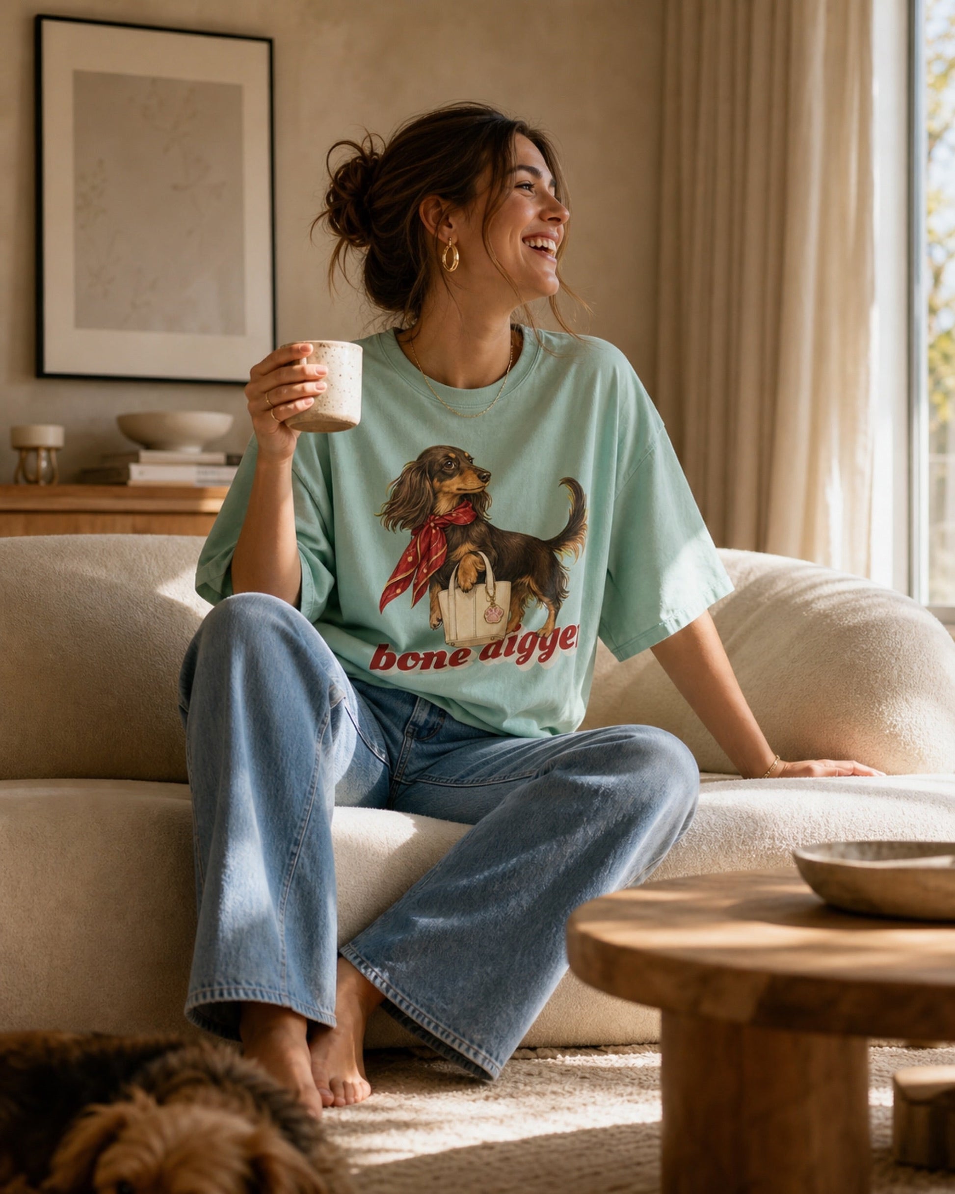 Bone Digger tee worn at home in a living room