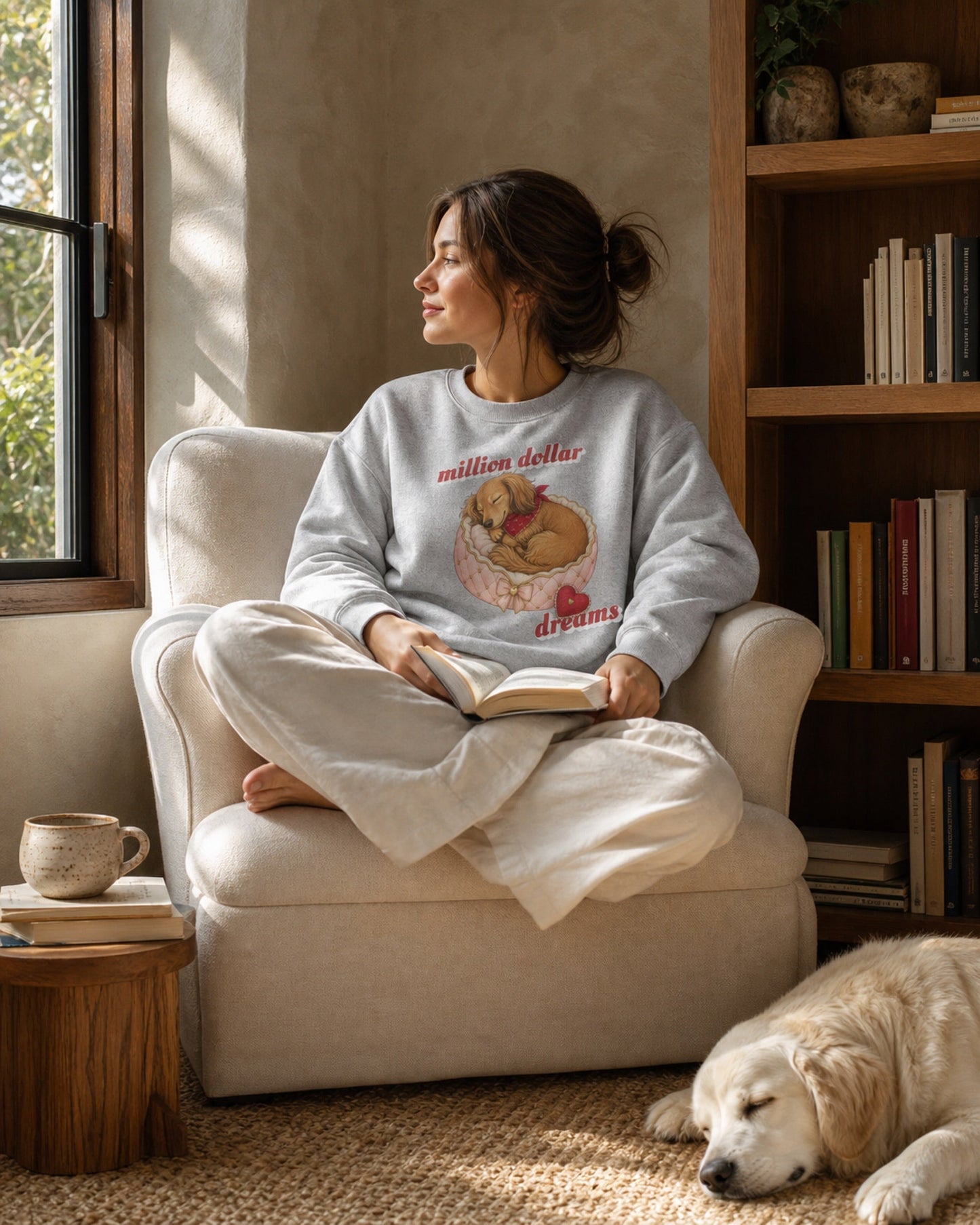 Million Dollar Dreams sweatshirt worn reading at home