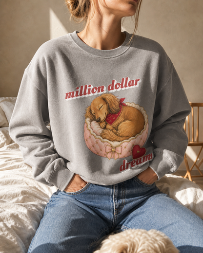 Million Dollar Dreams garment-dyed sweatshirt, worn