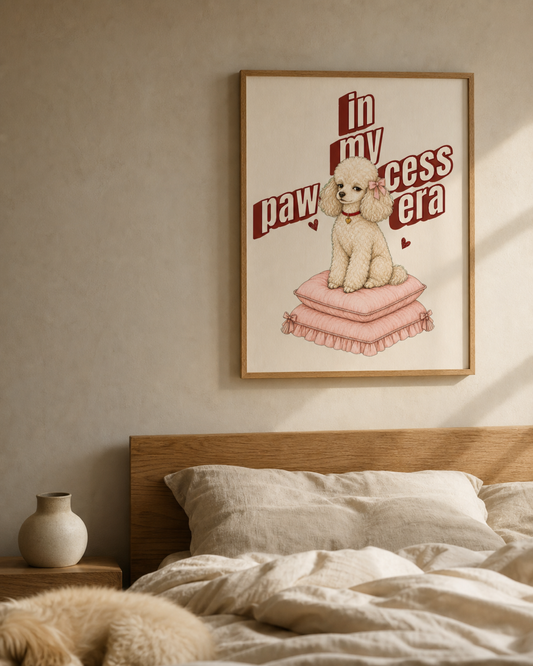 In My Paw-ncess Era giclee art print framed in a bedroom