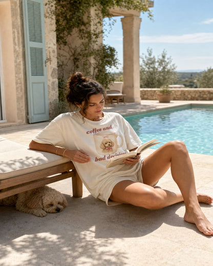 Coffee and Bad Decisions tee worn poolside