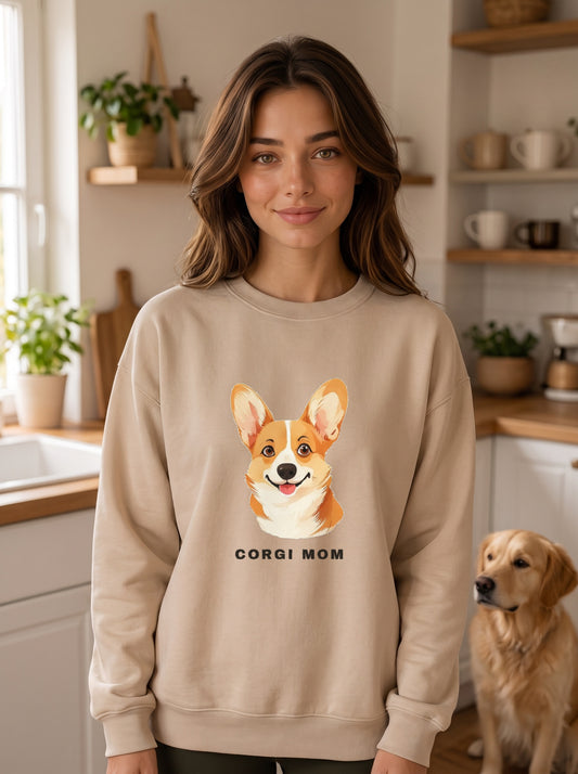 Woman wearing the Corgi Mom crewneck