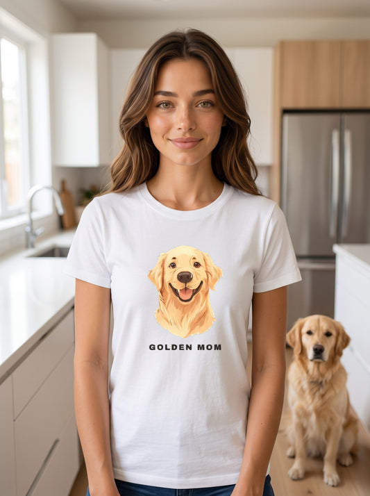 Woman wearing the Golden Retriever Mom tee in a bright kitchen with her golden retriever