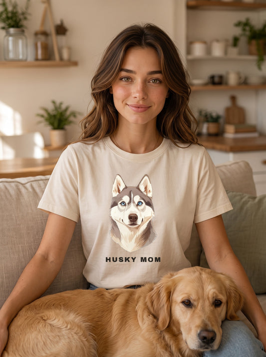 Woman wearing the Husky Mom tee on a linen sofa