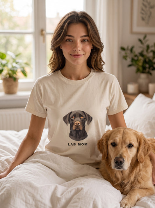 Woman wearing the Lab Mom tee with a golden retriever beside her